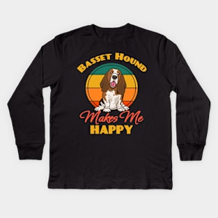 Basset Hound Makes Me Happy Dog puppy Lover Cute Sunser Retro Funny Kids Long Sleeve T-Shirt